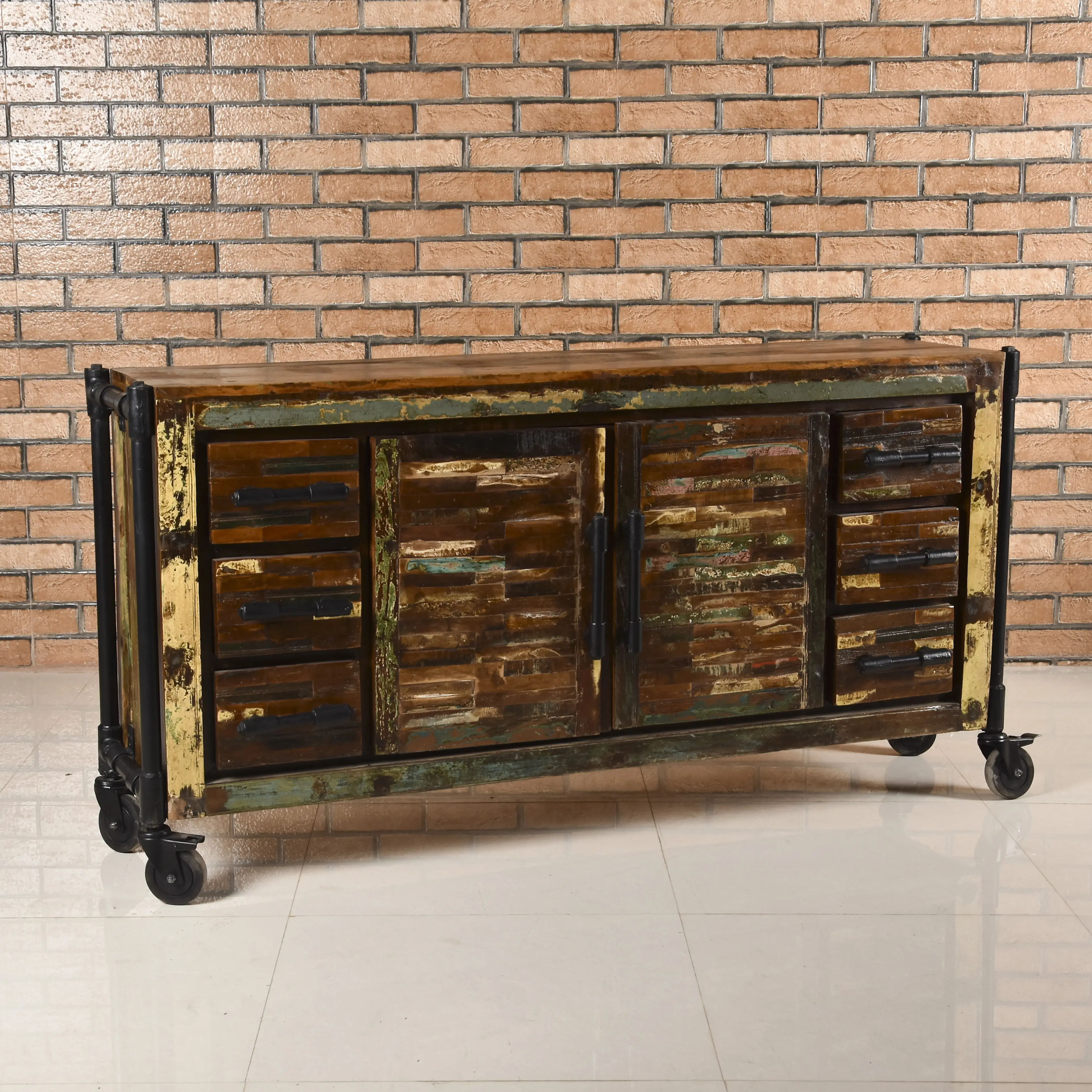 Reclaimed Wood Side Board with 6 Drawers & 2 Doors on Rollers - popular handicrafts